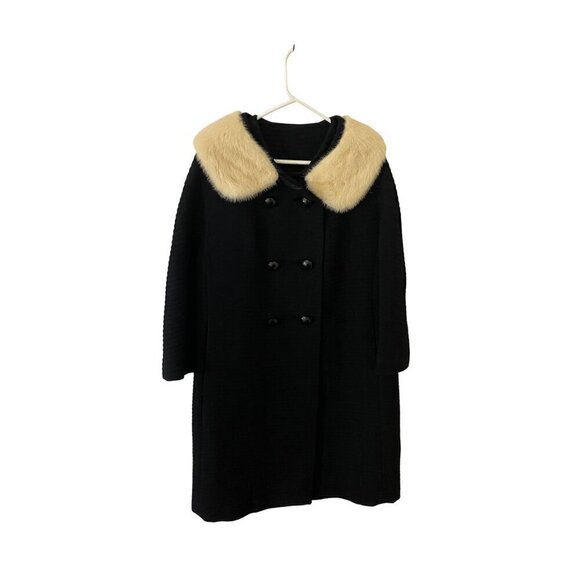 Vintage Women's 60's Mid Century Black Wool Blond Mink Fur Collar Stole - M/L